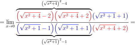 \dpi{120} =\lim_{x\rightarrow 0}\frac{\overset{\left ( \sqrt{x^{2}+4} \right )^{2}-4}{\overbrace{{\color{Red} \left ( \sqrt{x^{2}+4}-2 \right )}{\color{Red} \left ( \sqrt{x^{2}+4}+2 \right )}}}{\color{Blue} \left ( \sqrt{x^{2}+1}+1 \right )}}{\underset{\left ( \sqrt{x^{2}+1} \right )^{2}-1}{\underbrace{{\color{Blue} \left ( \sqrt{x^{2}+1}-1 \right )}{\color{Blue} \left ( \sqrt{x^{2}+1}+1 \right )}}}{\color{Red} \left ( \sqrt{x^{2}+4}+2 \right )}}=